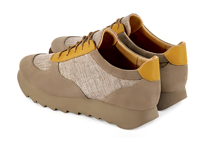Tan beige and mustard yellow women's three-tone elegant sneakers. Round toe. Low rubber soles. Rear view - Florence KOOIJMAN